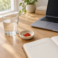 Softgels and a glass of water on a desk