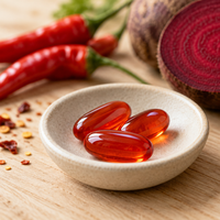 Red-orange softgel capsules in a ceramic dish